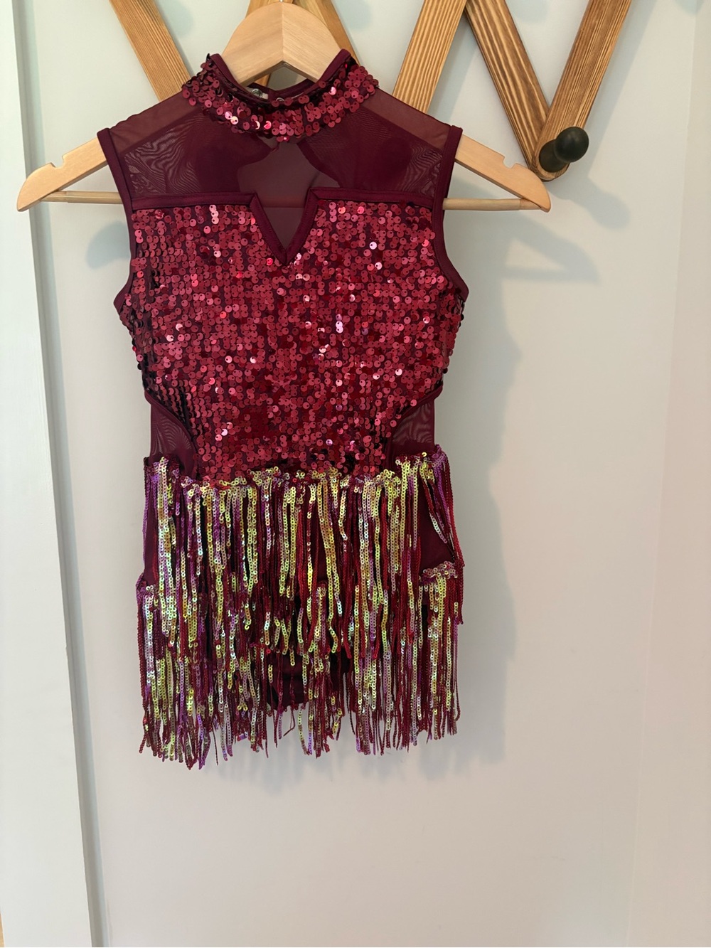 Weissman Burgundy Sequin Fringe Dance costume with Gold Accents